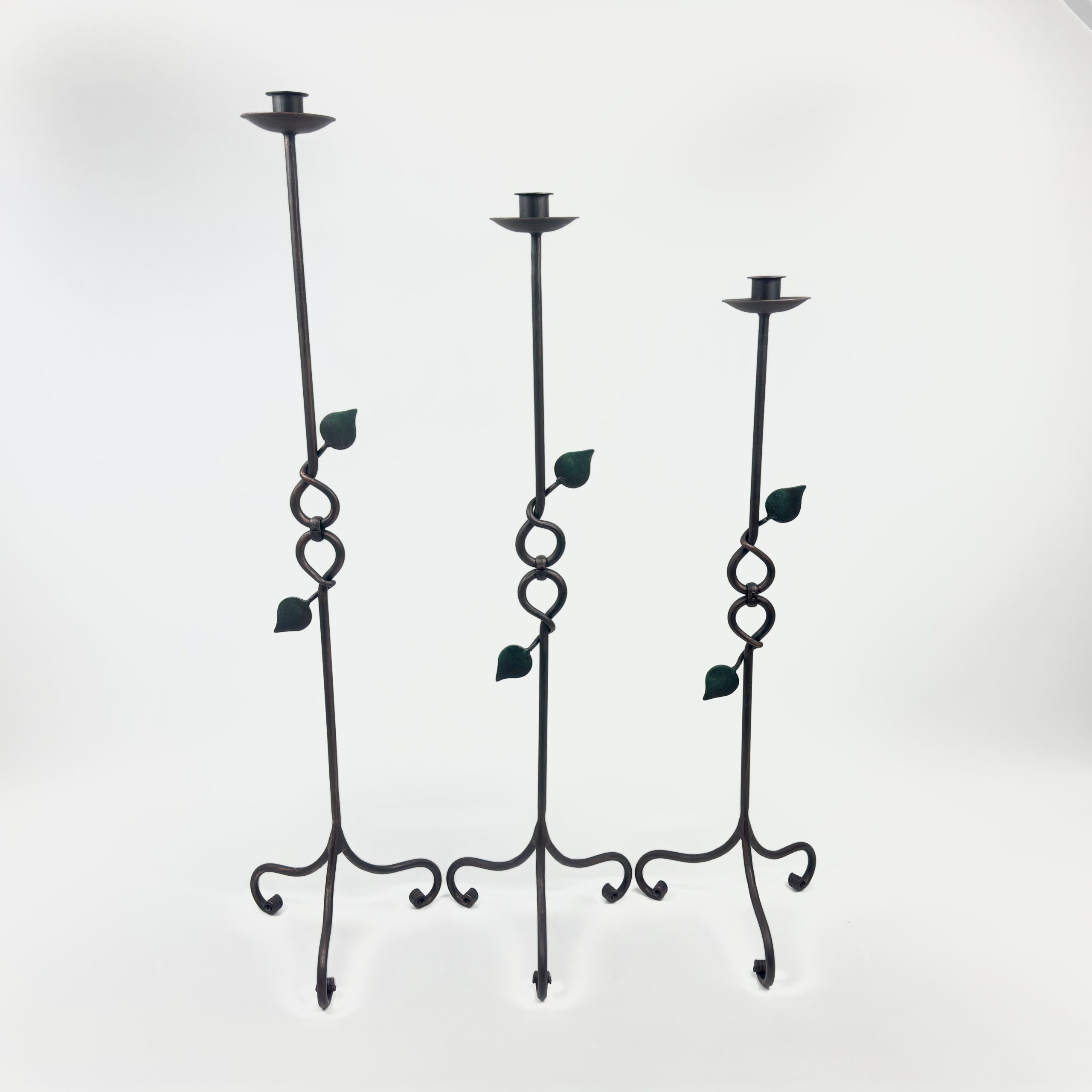 1087 B 28x111-101-91 Hand Forged Iron Candelabra Set of 3 (91-111cm) Antique Copper Finish Floor Standing Sculpted Twist & Leaf Node Estate Set - Image 1