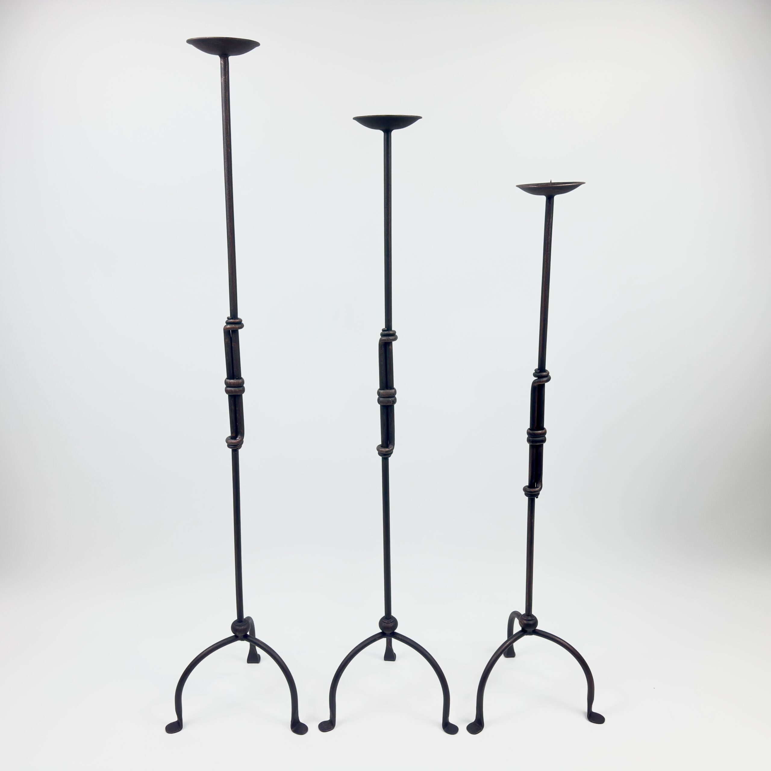 1093 B 28x118-108-98 Hand Forged Iron Candelabra Set of 3 (98-118cm) Antique Copper Finish Sculptural Iron Bamboo Style Estate Set - Image 1