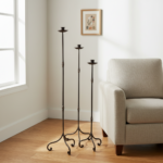 Hand Forged Iron Candelabra Set of 3 (92-112cm) Antique Copper Finish Slender Stem with French Scroll Base - Image 3