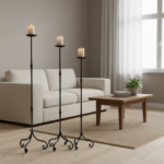 Hand Forged Iron Candelabra Set of 3 (92-112cm) Antique Copper Finish Slender Stem with French Scroll Base - Image 4