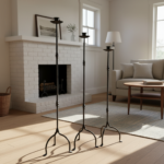 Hand Forged Iron Candelabra Set of 3 (93-113cm) Antique Copper Finish Slender Stem with High Arched Base - Image 2