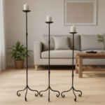 Hand Forged Iron Candelabra Set of 3 (90-110cm) Antique Copper Finish Slender Stem with French Scroll Base - Image 2