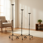 Hand Forged Iron Candelabra Set of 3 (90-110cm) Antique Copper Finish Straight Stem with Ornate French Scroll Feet - Image 2