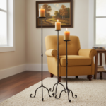 Hand Forged Iron Candelabra Set of 3 (92-112cm) Antique Copper Finish Straight Stem with French Scroll Base - Image 2