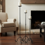 Hand Forged Iron Candelabra Set of 3 (92-112cm) Antique Copper Finish Straight Stem with French Scroll Base - Image 4