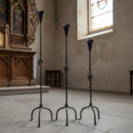 Hand Forged Iron Candelabra Set of 3 (90-110cm) Antique Copper Finish Knotted Stem with Conic Cup - Image 4