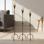 Hand Forged Iron Candelabra Set of 3 (90-110cm) Antique Copper Finish Knotted Stem with Conic Cup - Image 3