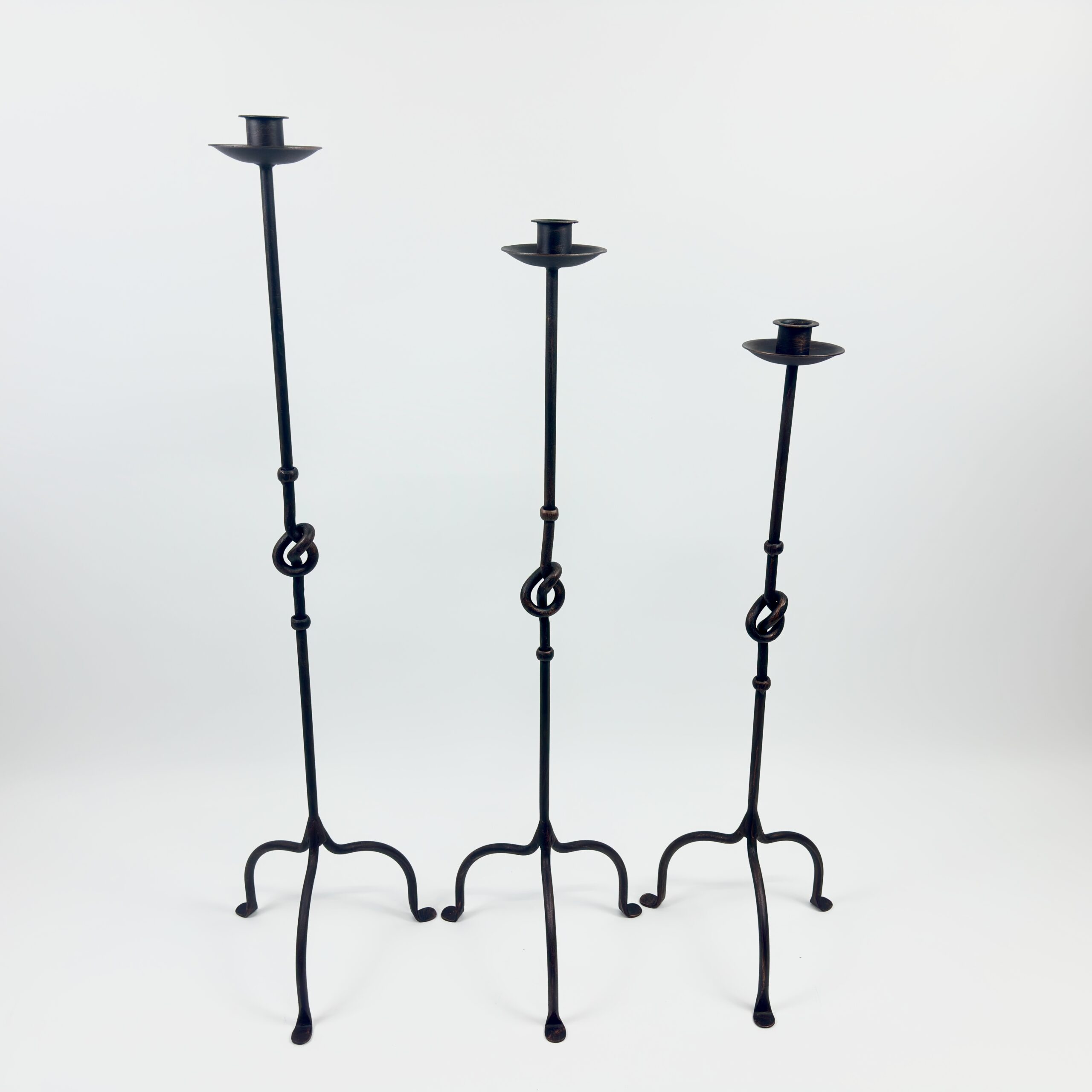 1107 B 26x100-92-82 Hand Forged Iron Candelabra Set of 3 (80-100cm) Antique Copper Finish Love Knot Stem Floor Set - Image 1