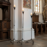 Hand Forged Iron Candelabra Set of 3 (97-117cm) Antique Copper Finish Slender Stem with Lily Cups - Image 4