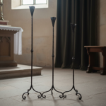 Hand Forged Iron Candelabra Set of 3 (100-120cm) Antique Copper Finish Hammered Stem with Calla Lily Cups - Image 2