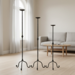 Hand Forged Iron Candelabra Set of 3 (93-113cm) Antique Copper Finish Hammered Stem with Decorative Knop - Image 3