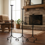 Hand Forged Iron Candelabra Set of 3 (78-98cm) Antique Copper Double Stem with Hercules Knot Detail - Image 3