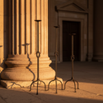 Hand Forged Iron Candelabra Set of 3 (82-102cm) Antique Copper Double Stem with Hercules Knot and Arched Base - Image 3