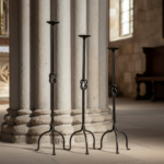 Hand Forged Iron Candelabra Set of 3 (82-102cm) Antique Copper Double Stem with Hercules Knot and Arched Base - Image 4