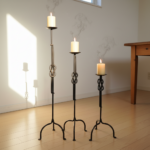 Hand Forged Iron Candelabra Set of 3 (88-108cm) Antique Copper Double Stem with Hercules Knot and Arched Base - Image 3