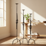 Hand Forged Iron Candelabra Set of 3 (88-108cm) Antique Copper Double Stem with Hercules Knot and Arched Base - Image 2