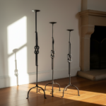 Hand Forged Iron Candelabra Set of 3 (88-108cm) Antique Copper Double Stem with Hercules Knot and Arched Base - Image 4