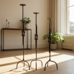 Hand Forged Iron Candelabra Set of 3 (88-108cm) Antique Copper Double Stem with Hercules Knot and Arched Base - Image 5