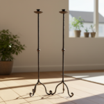 Hand Forged Iron Candelabra Pair (105cm) Antique Copper Hammered Stem with Socket and Drip Plate - Image 2