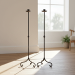 Hand Forged Iron Candelabra Pair (105cm) Antique Copper Tapered Stem with Scroll Base - Image 4