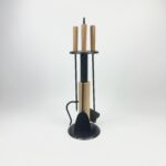 Modern Fireplace Tool Set (66cm) Matte Black & Natural Wood Handles - 4 Piece Kit