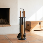 Modern Fireplace Tool Set (66cm) Matte Black & Natural Wood Handles - 4 Piece Kit - Image 5