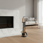 Modern Fireplace Tool Set (66cm) Matte Black & Natural Wood Handles - 4 Piece Kit - Image 4