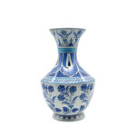 Handmade Ceramic Vase (30cm) Large Blue & White Floral Art with Geometric Neck Design - Tall Statement Decor