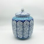 Handmade Ceramic Lidded Jar (30cm) Blue Vines & Turquoise Geometric Band - Large Decorative Canister - Image 5