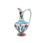 Handmade Ceramic "Aslanagzi" Ewer (20cm) Traditional Lion's Mouth Spout - Red Tulip & Turquoise Pedestal Pitcher