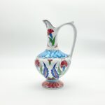 Handmade Ceramic "Aslanagzi" Ewer (20cm) Traditional Lion's Mouth Spout - Red Tulip & Turquoise Pedestal Pitcher - Image 4
