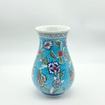 Handmade Ceramic Pear Vase (20cm) - Vibrant Aegean Turquoise - Geometric Meander Rim & Red Florals - Image 8