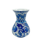 Handmade Ceramic ''Kandil'' Vase (20cm) - Blue and White Fan Carnations - Wide Flared Neck
