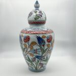 Handmade Ceramic Lidded Jar (30cm) - The Vizier Vase - Purple & Yellow Florals with Braided Red Trim - Image 6