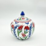 Handmade Ceramic Lidded Bonbonniere Jar Red Tulips and Carnations Round Globe - Image 5