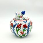 Handmade Ceramic Lidded Bonbonniere Jar Red Tulips and Carnations Round Globe - Image 6