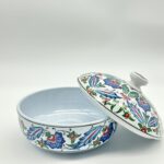Handmade Ceramic Lidded Bowl (16cm) Blue and Red Spring Flowers Flat Top Finial - Image 7