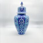 Handmade Ceramic Shah Vase (30cm) Turquoise and Dark Blue Vertical Panels Temple Jar - Image 6