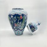 Handmade Ceramic Grand Shah Vase with Lid (60cm) Dark Blue Saz Leaf and Carnation - Image 6