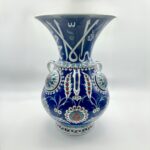 Handmade Ceramic Kandil Vase (50cm) Cobalt Blue Calligraphy Triple Handled Form - Image 10
