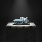 Handmade Ceramic Lidded Bowl (16cm) Blue and Red Spring Flowers Flat Top Finial