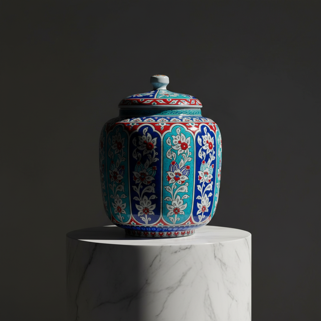 aegean-turquoise-cobalt-columnar-ceramic-jar-luxury Handmade Ceramic Jar (25cm) "Aegean Columns" Design - Rhythmic Cobalt & Turquoise Architecture - Image 1