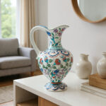 Handmade Ceramic Pitcher Vase (30cm) Traditional "Ewer" Form with Handle - Colorful Floral Pattern & Geometric Neck Border - Image 5