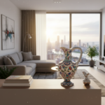 Handmade Ceramic Pitcher Vase (30cm) Traditional "Ewer" Form with Handle - Colorful Floral Pattern & Geometric Neck Border - Image 4