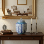 Handmade Ceramic Lidded Jar (30cm) Blue Vines & Turquoise Geometric Band - Large Decorative Canister - Image 3