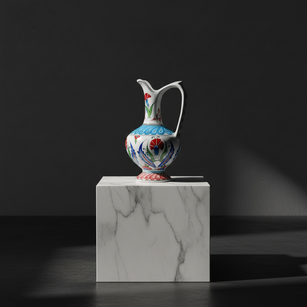 aslanagzi-ceramic-pedestal-pitcher-red-tulip-luxury-decor Handmade Ceramic "Aslanagzi" Ewer (20cm) Traditional Lion's Mouth Spout - Red Tulip & Turquoise Pedestal Pitcher - Image 1