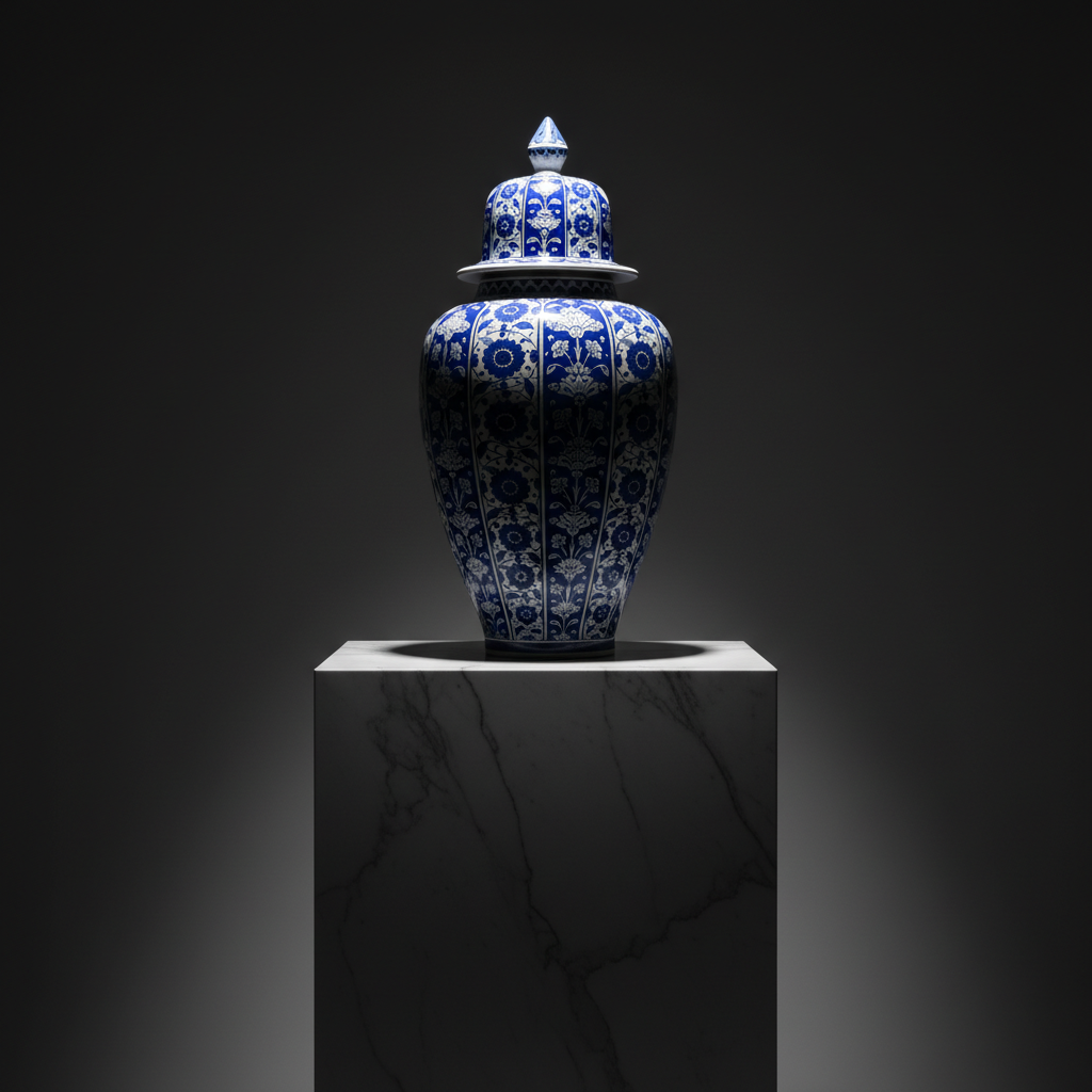 baba-nakkas-style-60cm-lidded-jar-dark-museum-shot Handmade Ceramic Grand Shah Jar (60cm) Baba Nakkas Style Rumi & Hatayi Blue White Floor Vase - Image 1