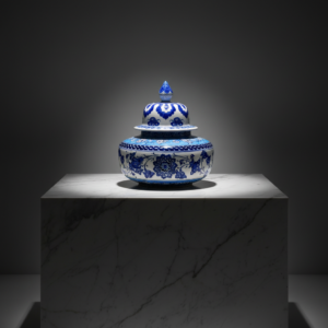 Handmade Ceramic Iznik Vase (Baba Nakkas Style) Blue and White Rumi Pattern Ginger Jar