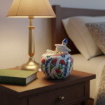 Handmade Ceramic Lidded Bonbonniere Jar Red Tulips and Carnations Round Globe - Image 2