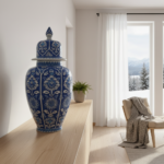 Handmade Ceramic Lidded Jar (30cm) The Shah Vase Cobalt Blue Ground and White Floral Panels - Image 4